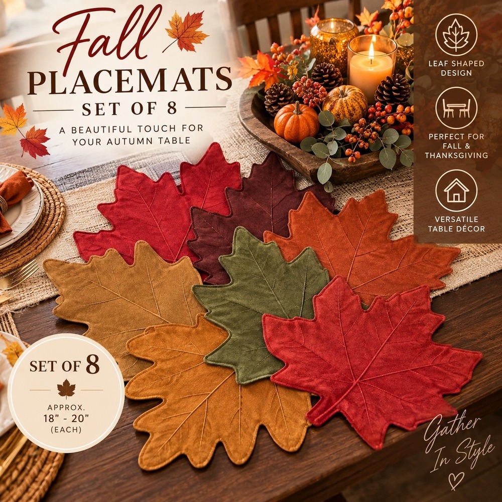 Set of 8 Fall Leaf Placemats Autumn Harvest Oak Maple Rust Green Red Decor